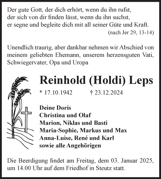 Traueranzeige von Reinhold  Leps von Volksstimme Zerbst
