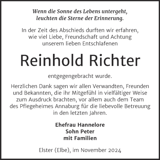 Traueranzeige von Reinhold Richter von Trauerkombi Wittenberg