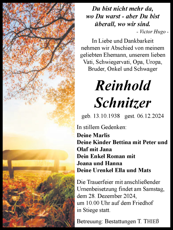 Traueranzeige von Reinhold Schnitzer von Volksstimme Wernigerode