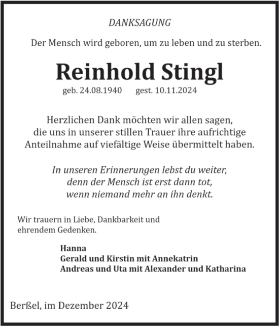 Traueranzeige von Reinhold Stingl von Volksstimme Halberstadt