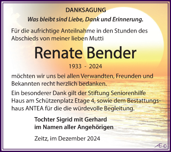 Traueranzeige von Renate Bender von Trauerkombi Zeitz