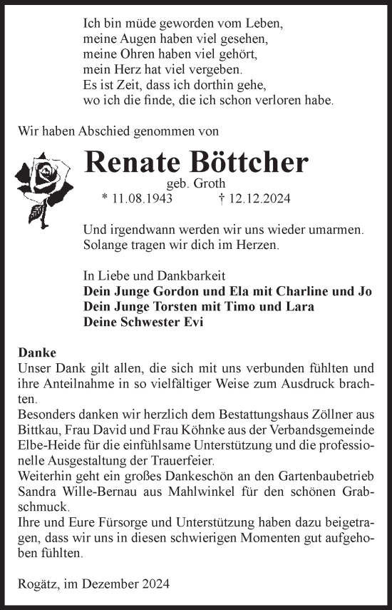 Traueranzeige von Renate Böttcher von Volksstimme Haldensleben/Wolmirstedt