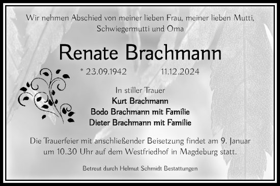 Traueranzeige von Renate Brachmann von Volksstimme Magdeburg