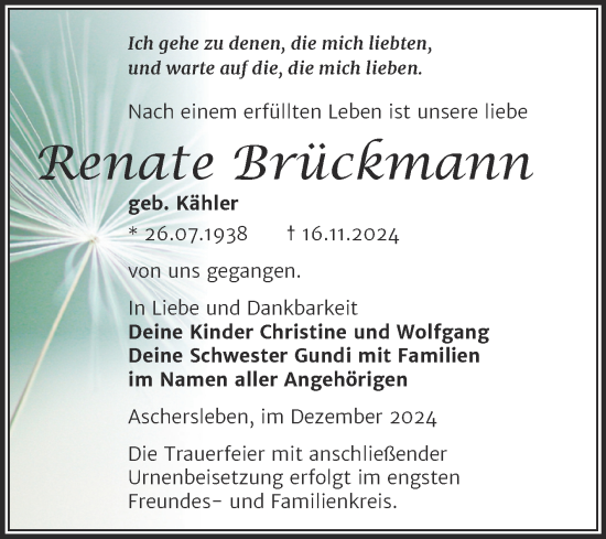 Traueranzeige von Renate Brückmann von Trauerkombi Aschersleben