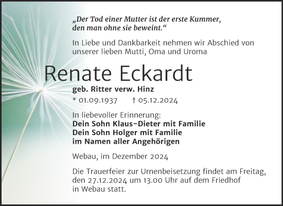 Traueranzeige von Renate Eckardt von Trauerkombi Weißenfels