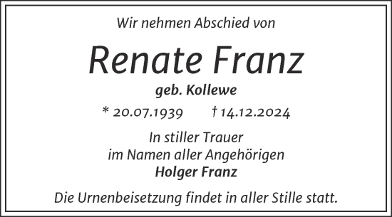 Traueranzeige von Renate Franz von Trauerkombi Dessau