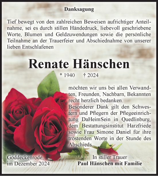 Traueranzeige von Renate Hänschen von Volksstimme Halberstadt