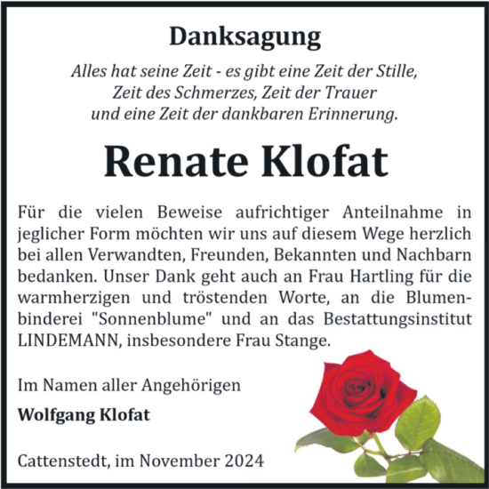 Traueranzeige von Renate Klofat von Volksstimme Wernigerode