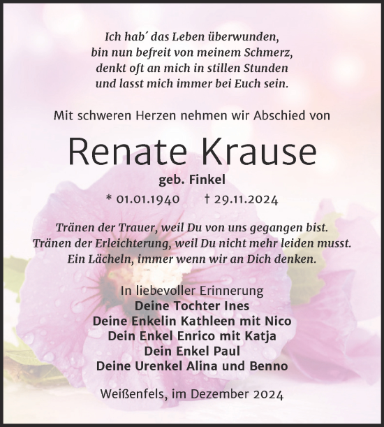 Traueranzeige von Renate Krause von Trauerkombi Weißenfels