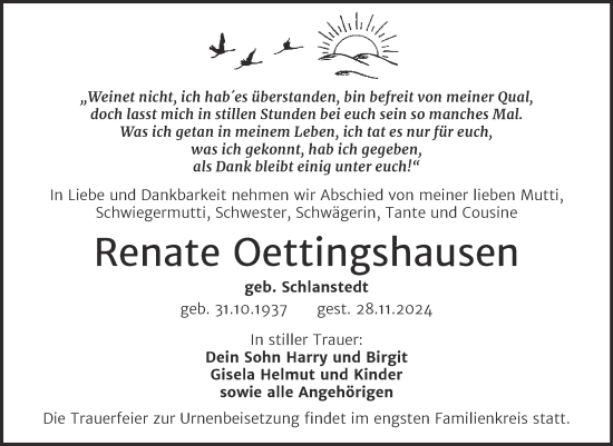 Traueranzeige von Renate Oettingshausen von Trauerkombi Mansfelder Land