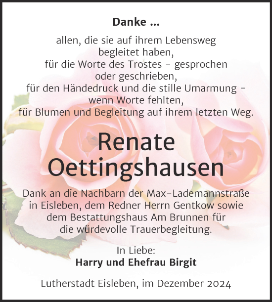 Traueranzeige von Renate Oettingshausen von Trauerkombi Mansfelder Land