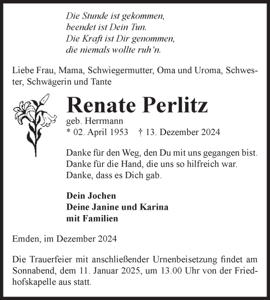 Traueranzeige von Renate Perlitz von Volksstimme Haldensleben/Wolmirstedt