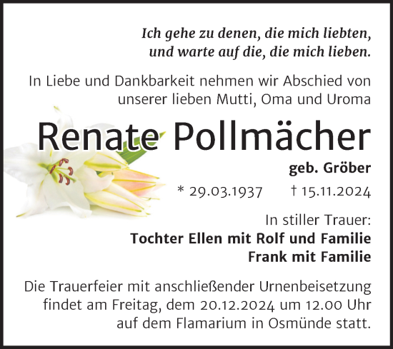 Traueranzeige von Renate Pollmächer von Super Sonntag Naumburg/Nebra