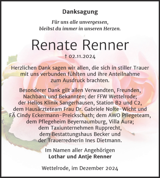 Traueranzeige von Renate Renner von Trauerkombi Sangerhausen