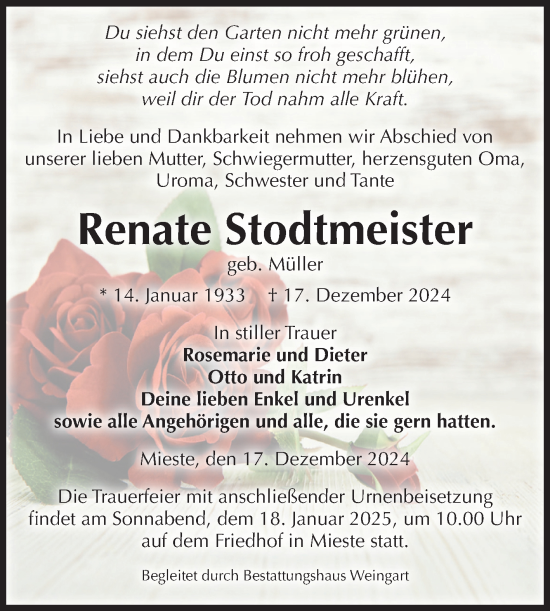 Traueranzeige von Renate Stodtmeister von Volksstimme Altmark West