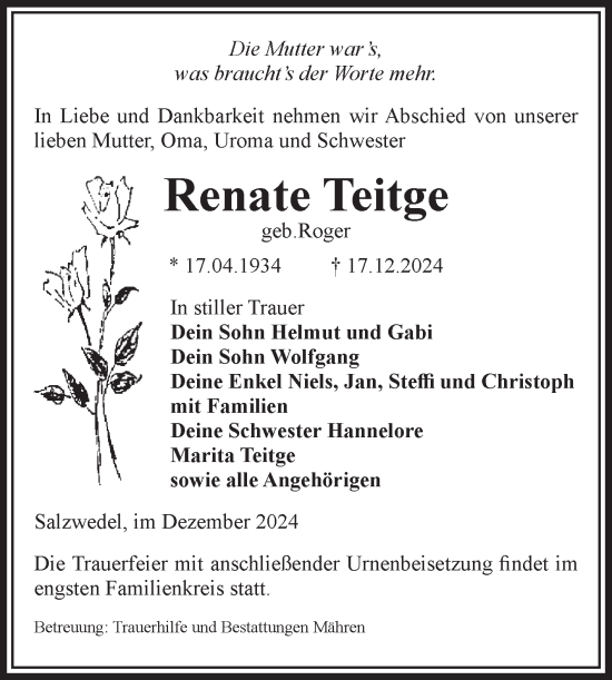 Traueranzeige von Renate Teitge von Volksstimme Altmark West