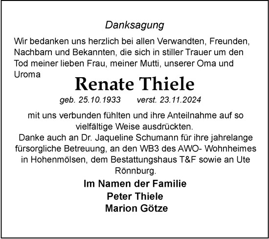 Traueranzeige von Renate Thiele von Trauerkombi Weißenfels