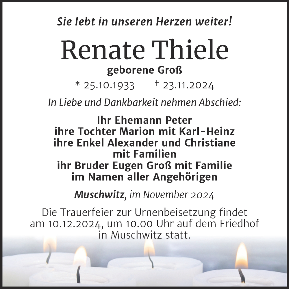  Traueranzeige für Renate Thiele vom 07.12.2024 aus Trauerkombi Weißenfels