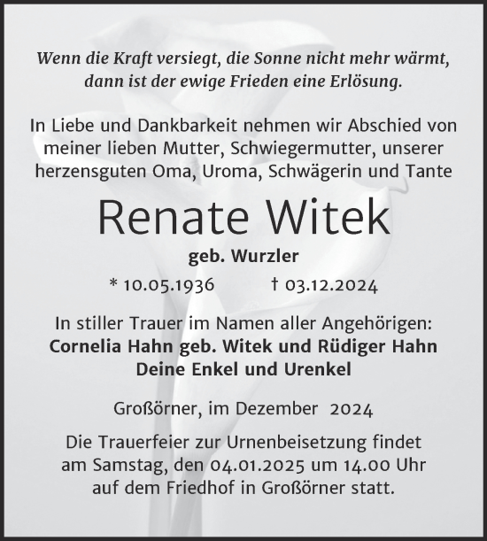 Traueranzeige von Renate Witek von Trauerkombi Mansfelder Land