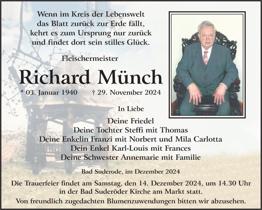  Traueranzeige für Richard Münch vom 07.12.2024 aus Trauerkombi Quedlinburg