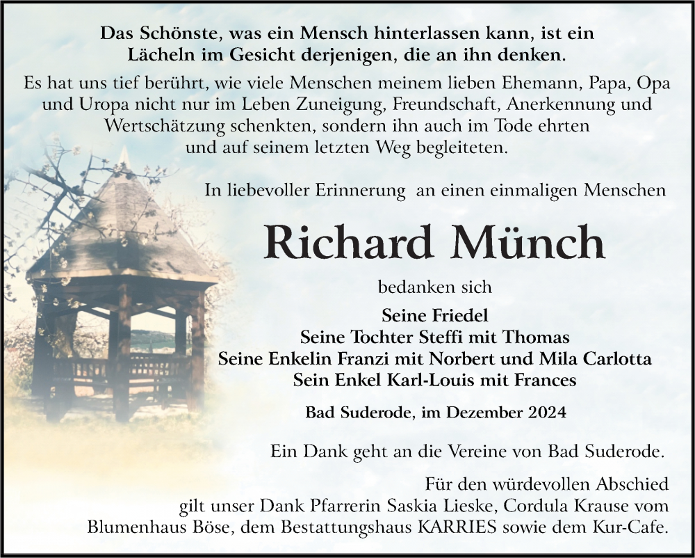  Traueranzeige für Richard Münch vom 28.12.2024 aus Trauerkombi Quedlinburg