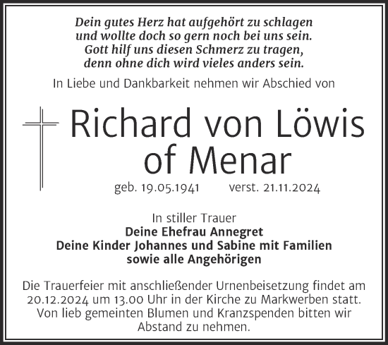 Traueranzeige von Richard von Löwis of Menar von Trauerkombi Weißenfels
