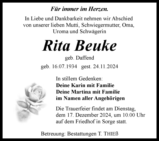 Traueranzeige von Rita Beuke von Volksstimme Wernigerode