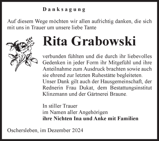 Traueranzeige von Rita Grabowski von Volksstimme Oschersleben/Wanzleben