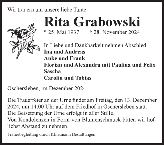 Traueranzeige von Rita Grabowski von Volksstimme Oschersleben/Wanzleben