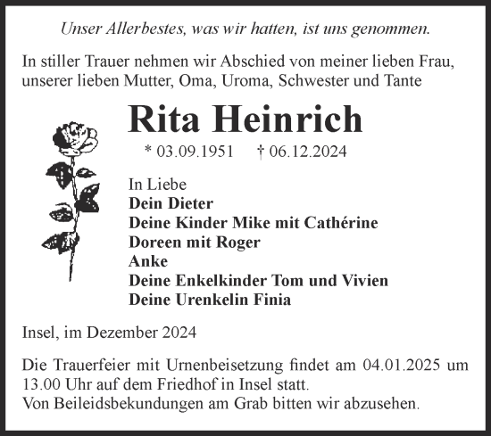 Traueranzeige von Rita Heinrich von Volksstimme Altmark Ost