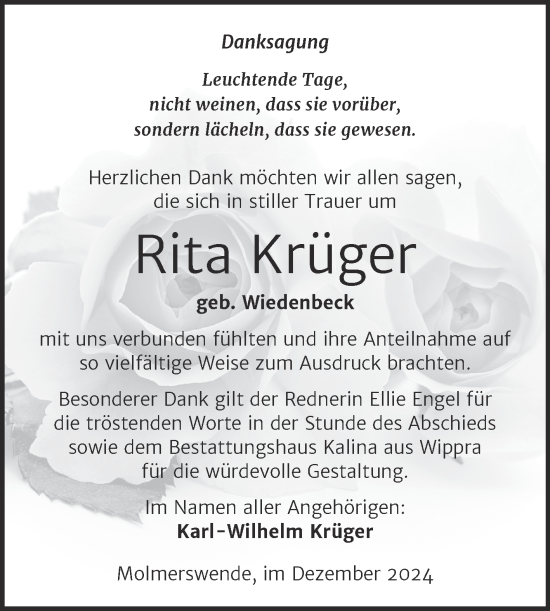 Traueranzeige von Rita Krüger von Trauerkombi Mansfelder Land