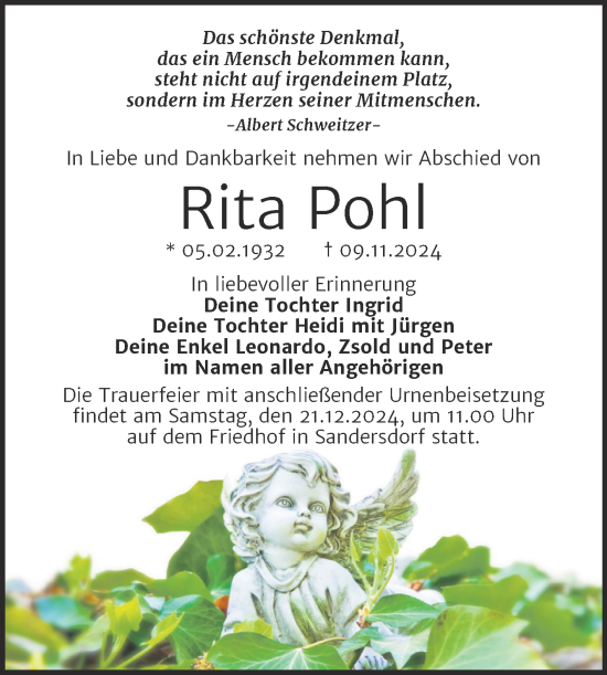 Traueranzeige von Rita Pohl von Trauerkombi Bitterfeld