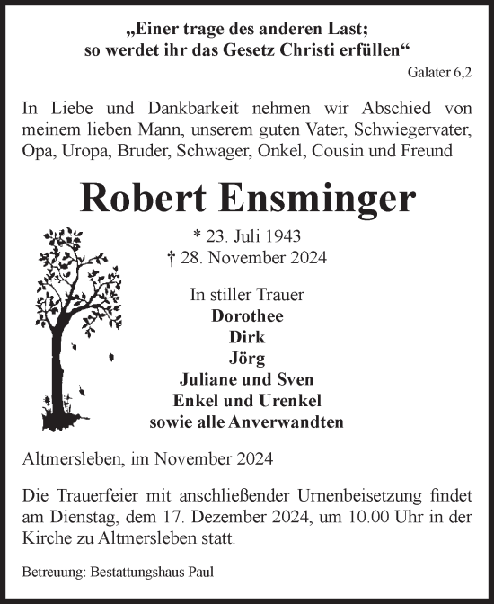 Traueranzeige von Robert Ensminger von Volksstimme Altmark West
