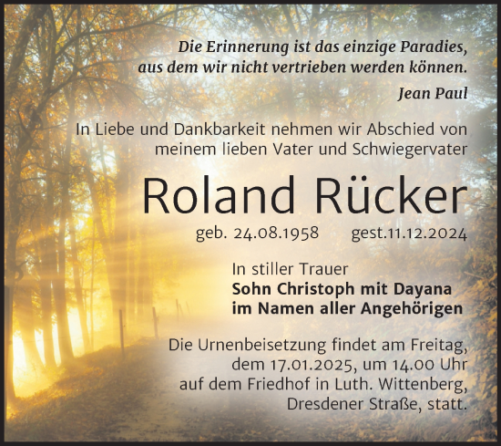Traueranzeige von Roland Rücker von Trauerkombi Wittenberg