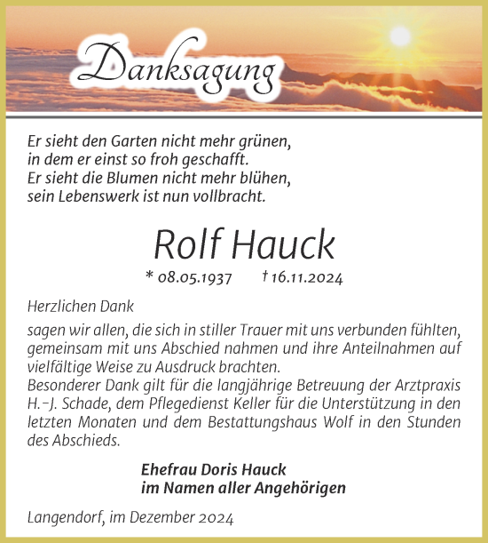 Traueranzeige von Rolf Hauck von Trauerkombi Weißenfels