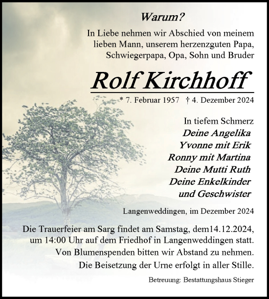 Traueranzeige von Rolf Kirchhoff von Volksstimme Oschersleben/Wanzleben