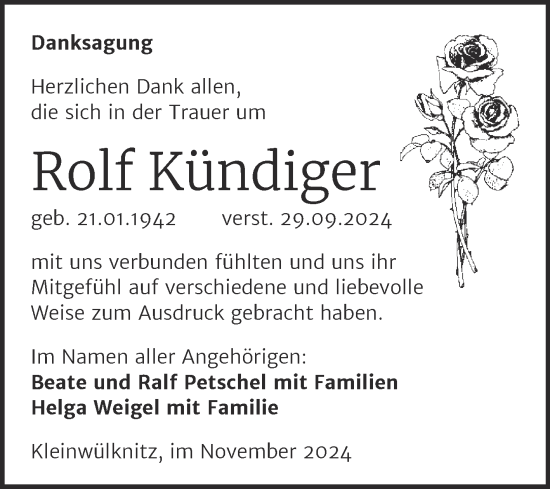 Traueranzeige von Rolf Kündiger von Trauerkombi Köthen