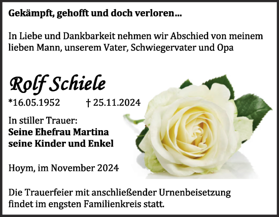 Traueranzeige von Rolf Schiele von Trauerkombi Aschersleben