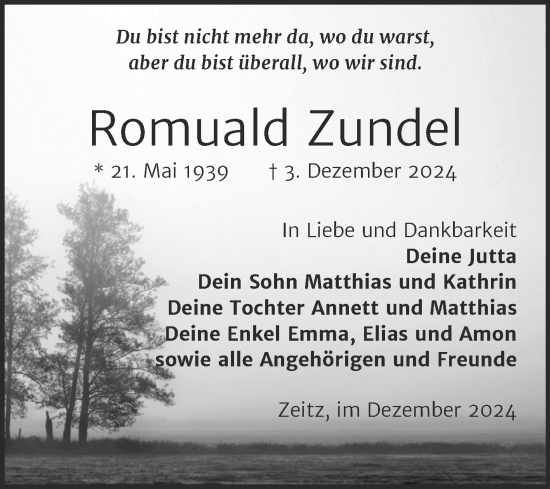 Traueranzeige von Romuald Zundel von Trauerkombi Zeitz