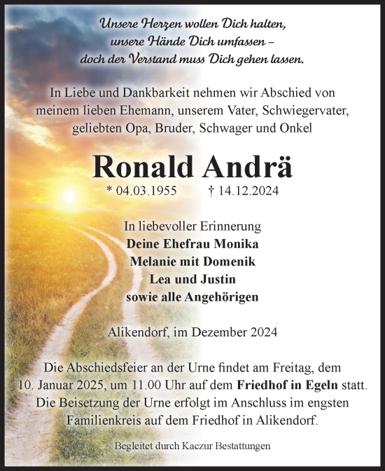 Traueranzeige von Ronald Andrä von Volksstimme Oschersleben/Wanzleben