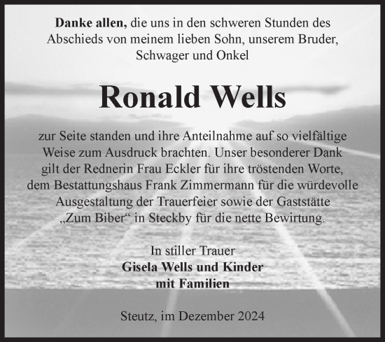Traueranzeige von Ronald Wells von Volksstimme Zerbst