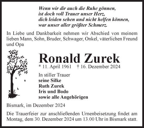 Traueranzeige von Ronald Zurek von Volksstimme Altmark Ost