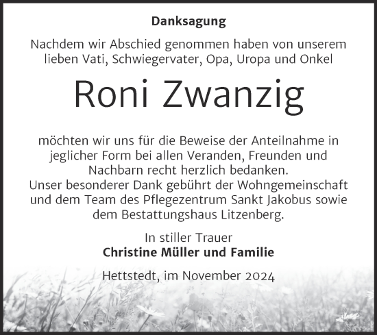 Traueranzeige von Roni Zwanzig von Trauerkombi Mansfelder Land