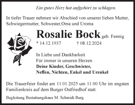 Traueranzeige von Rosalie Bock von Volksstimme Burg/Genthin