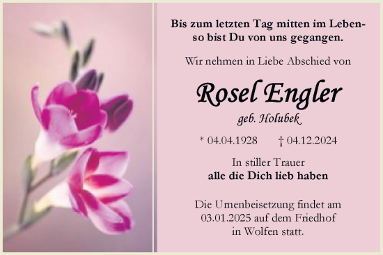 Traueranzeige von Rosel Engler von Trauerkombi Bitterfeld