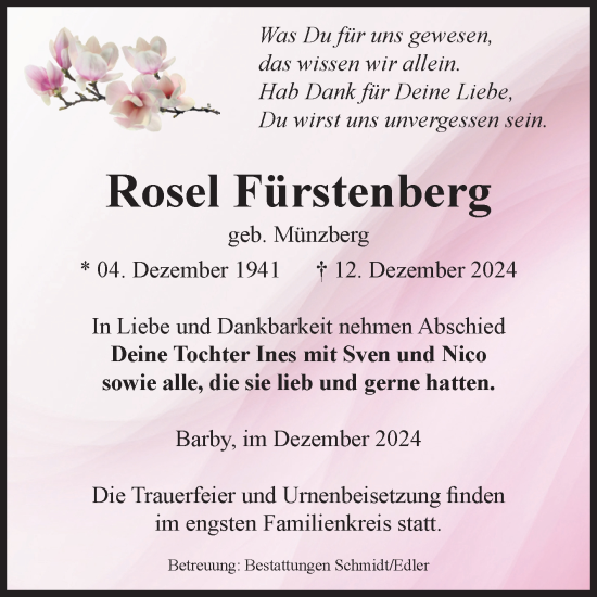 Traueranzeige von Rosel Fürstenberg von Volksstimme Schönebeck