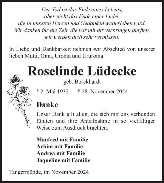 Traueranzeige von Roselinde Lüdecke von Volksstimme Altmark Ost
