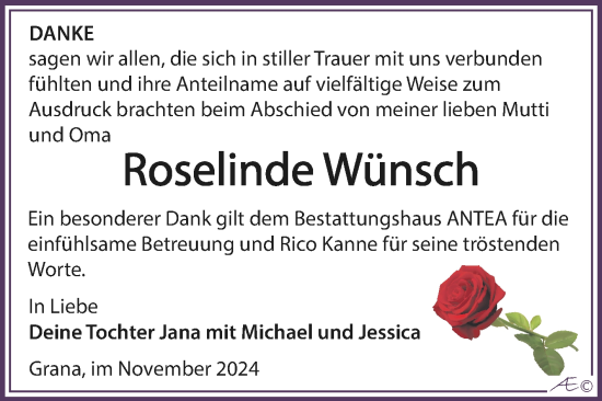 Traueranzeige von Roselinde Wünsch von Trauerkombi Zeitz