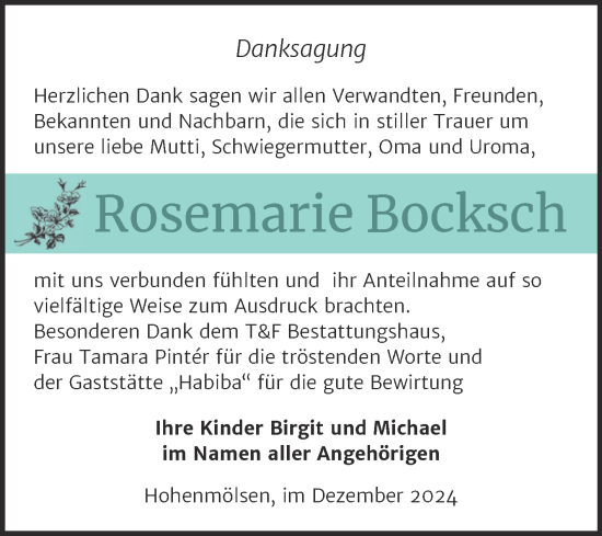 Traueranzeige von Rosemarie Bocksch von Trauerkombi Weißenfels