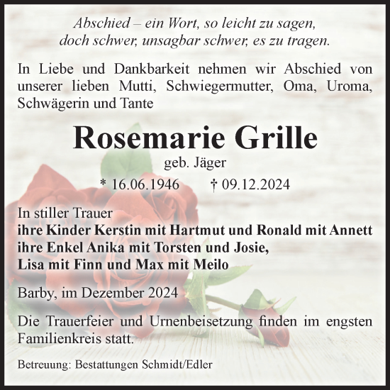 Traueranzeige von Rosemarie Grille von Volksstimme Schönebeck